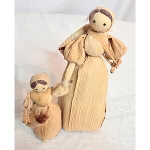 Vintage Corn Husk Dolls Mother & Child 5" Tall Rustic Primitive Folk Art